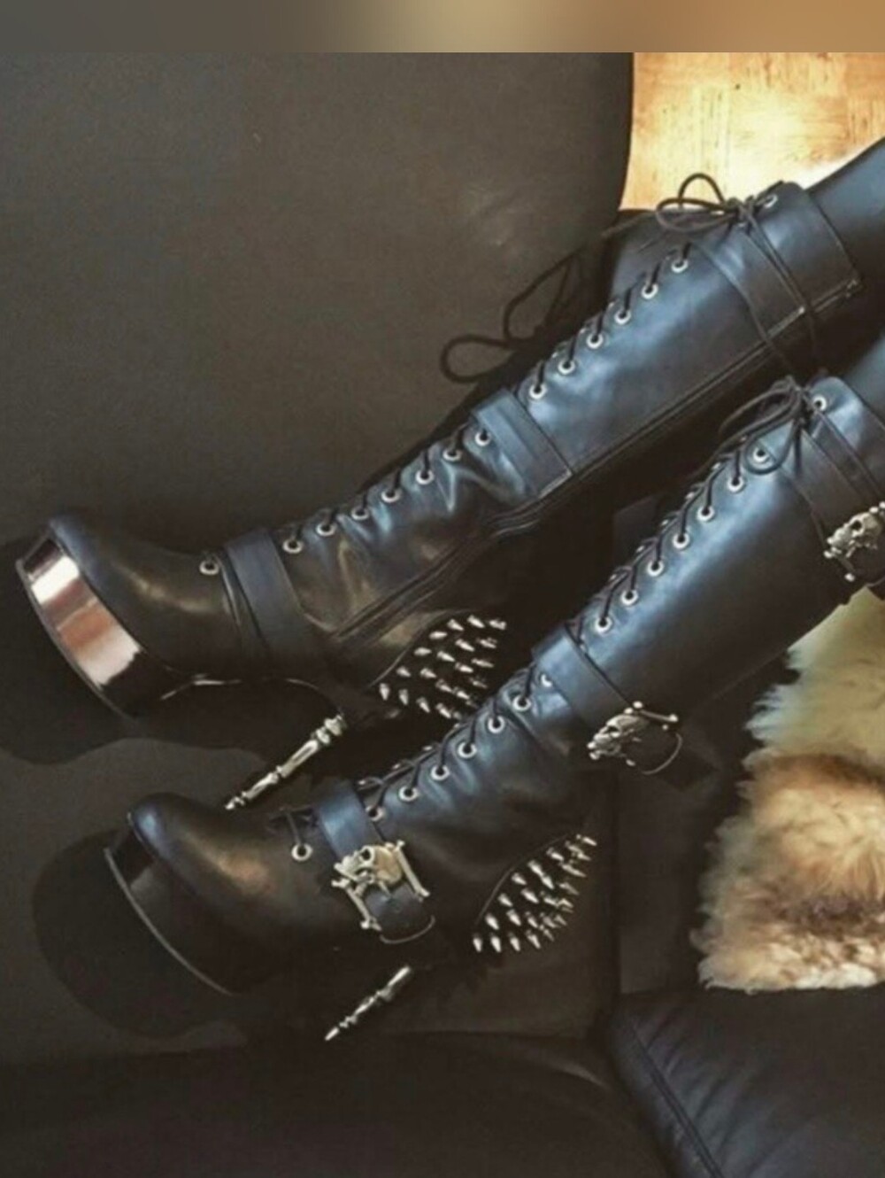Demonia muerto 2028 chrome bone spiked heel skull buckle lace up boots 11 BNIB - Picture 14 of 17